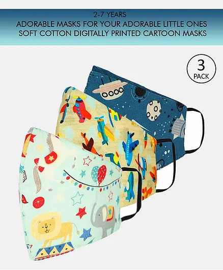 Tossido  2 to 7 Years Printed 3 Ply Cotton Elastic Kids Masks White Blue - Pack of 3