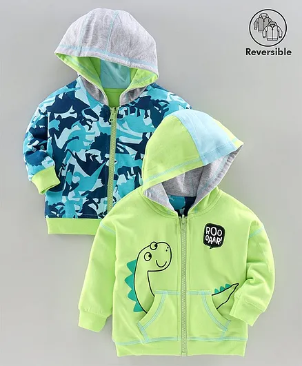 Babyoye Full Sleeves Reversible Jacket Dino Print - Green Blue