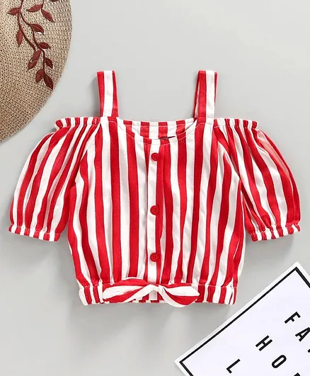 Babyhug Cold Shoulder Striped Top with Bow - Red