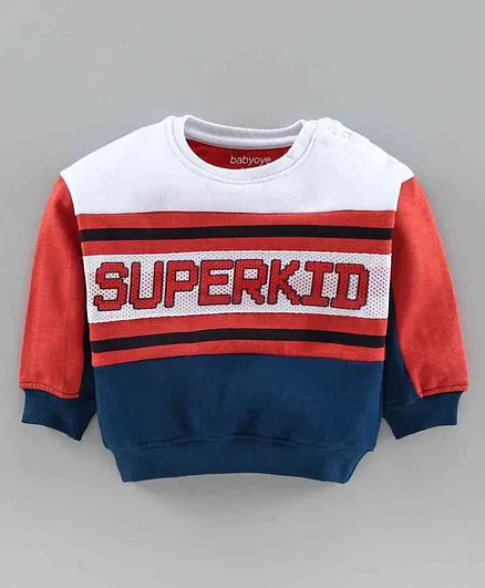 Babyoye Cotton Brushed Fleece Full Sleeves Sweatshirt Superkid Print - White Red Navy Blue