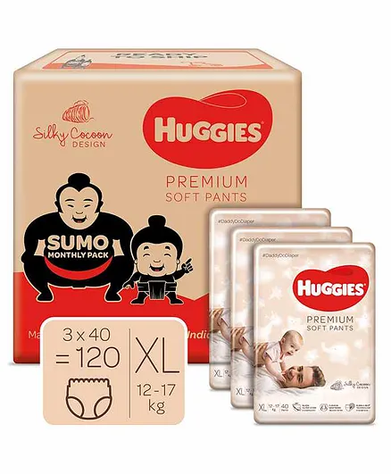 Huggies Premium Soft Pants Sumo Monthly Pack Extra Large XL Size Baby Diaper Pants- 120 Pieces