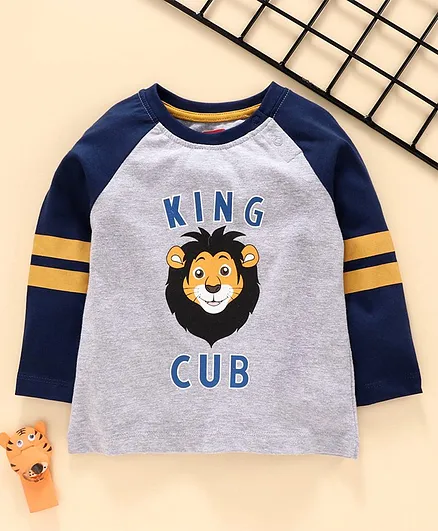 Babyhug Full Sleeves Tee King Cub Print - Blue Grey