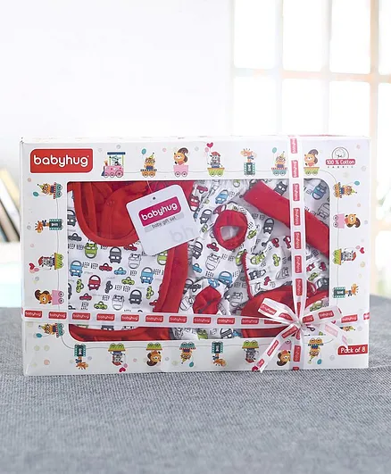 Babyhug Clothing Gift Set Car Print Pack of 8 - Red