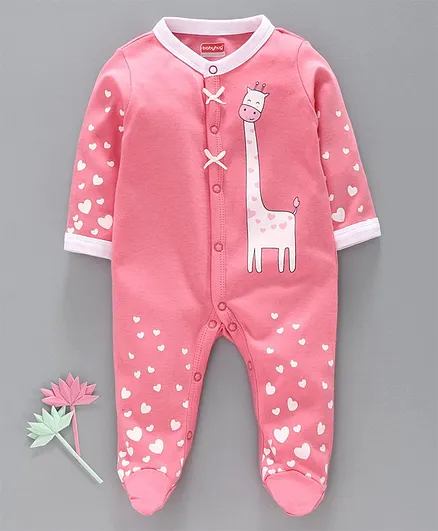 Babyhug 100% Cotton Sleepsuit Giraffe Print  - Pink