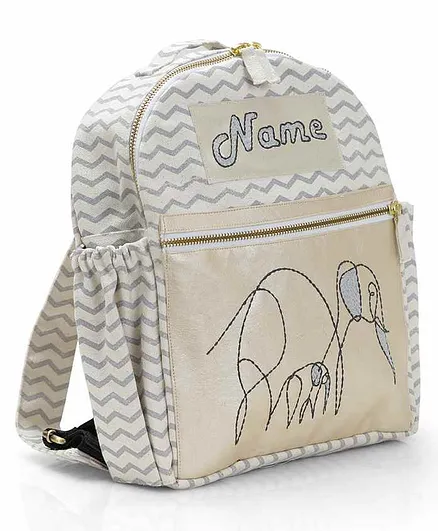 Mi Dulce An'ya Chevron School Bag Elephant Embroidery White Grey -16 Inches