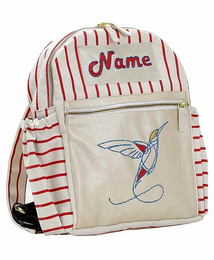 Mi Dulce An'ya Stripe School Bag Bird Embroidery White Red - 16 Inches
