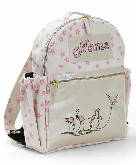 Mi Dulce An'ya Printed School Bag Flamingo Embroidery White Pink - 16 Inches