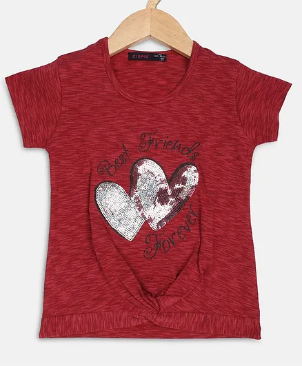 Ziama Hearts Sequined Short Sleeves Top - Red