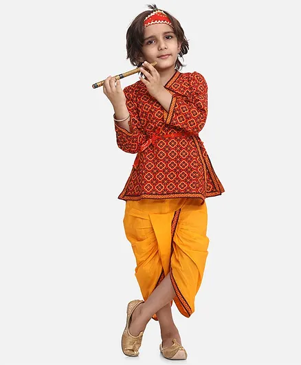 BownBee Janmashtami Theme Full SleevesKanhaiya Style Kurta With Dhoti - Red Yellow