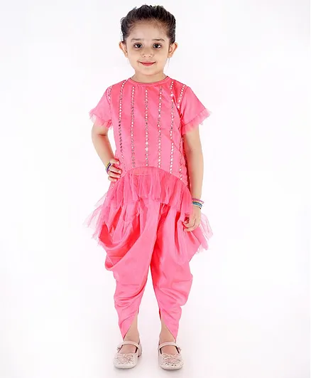 KID 1 Mirror Work Half Sleeves Top With Dhoti - Pink