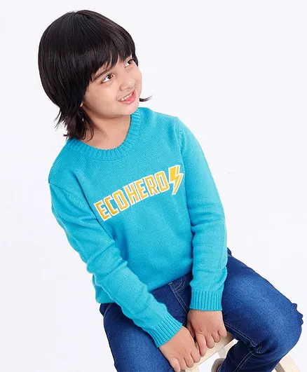 Babyhug Full Sleeves Sweater Eco Heros Embroidery - Light Blue