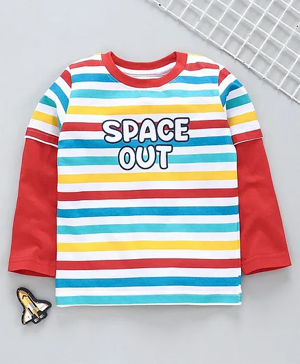 Babyhug Doctor Sleeves Stripe Tee Space Out Print - Multicolour