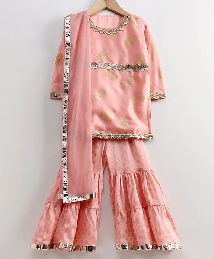 Silverthread Full Sleeves Foil Print Kurti With Sharara Pants - Pink