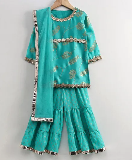 Silverthread Full Sleeves Foil Print Kurti With Sharara Pants - Blue