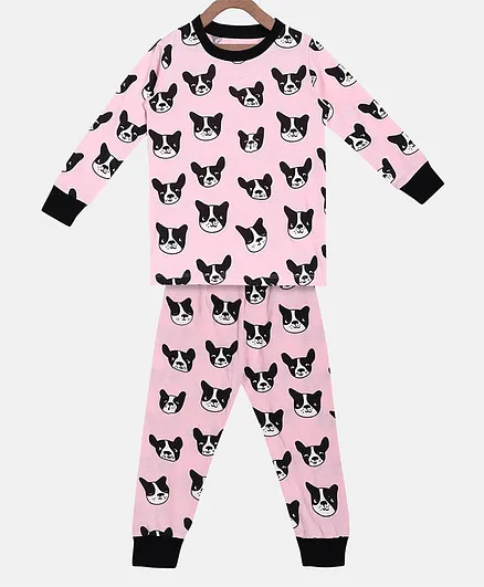 Little Marine All Over Dog Face Print Detailing Full Sleeves Night Suit - Light Pink