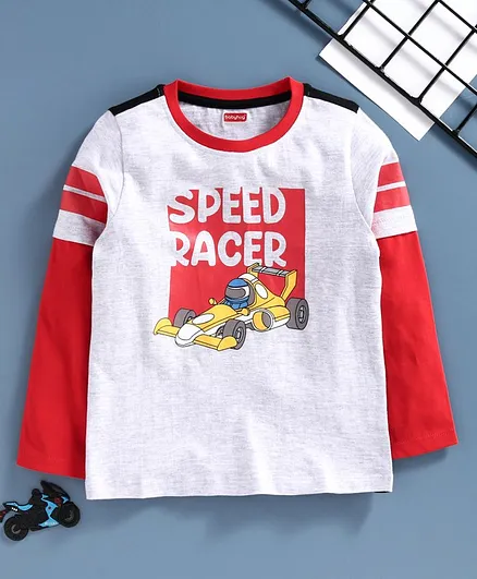 Babyhug Full Sleeves Tee Race Car Print - Grey Red