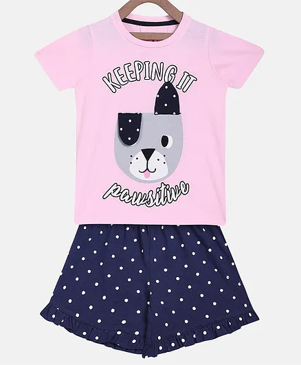 Little Marine Short Sleeves Dog Print Tee With Shorts - Light Pink