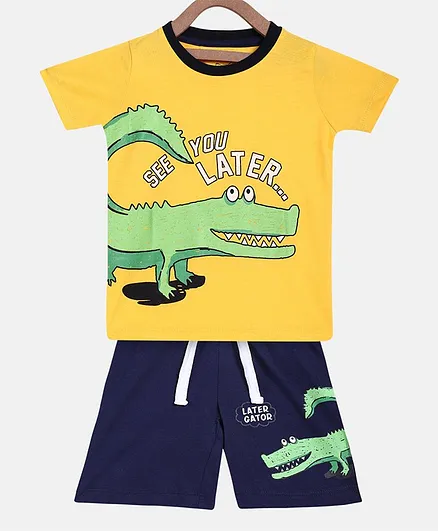 Little Marine Short Sleeves Alligator Print Tee With Shorts - Yellow
