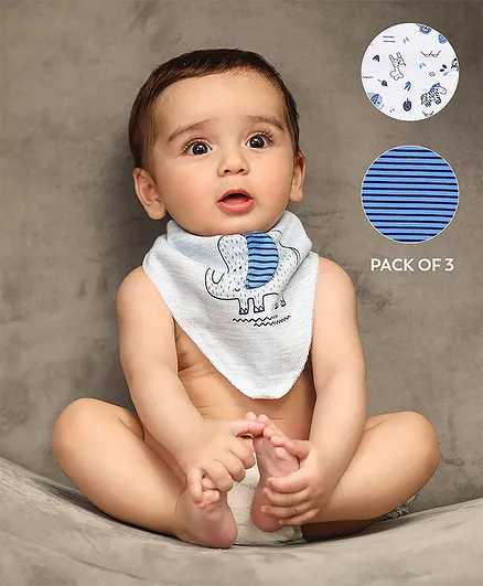 Mi Arcus Organic Cotton Triangular Baby Bib Animal Print Pack of 3 - Blue White 