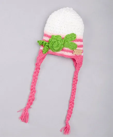 The Original Knit Flower Design Cap - Green & Pink