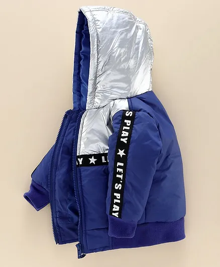 Babyhug Full Sleeves Hooded Jacket Text Print - Blue Silver