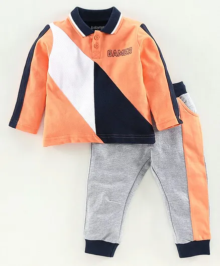 Babyoye Cotton Blend Full Sleeves Tee & Lounge Pant Gamer Print - Orange Grey