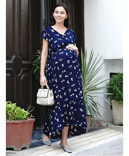Mine4Nine Short Sleeves Flower Print Maternity Dress - Blue