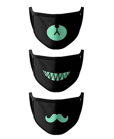 COCOON ORGANICS Moustache Print Pack Of 3 Glow-In-Dark 2 Layer Washable Masks - Black