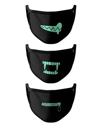 COCOON ORGANICS Printed Pack Of 3 Glow-In-Dark 2 Layer Washable Masks - Black