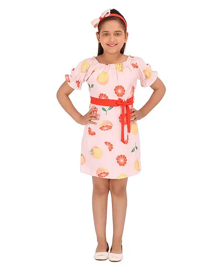 Cutecumber Half Sleeves Fruit Printed Dress With Hair Band - Pink