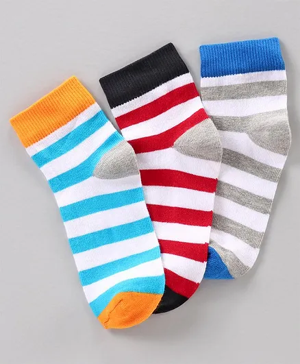 Pine Kids Ankle Length Socks Striped Design with Anti Microbial Finish Pack of 3 - Red, Blue, Grey
