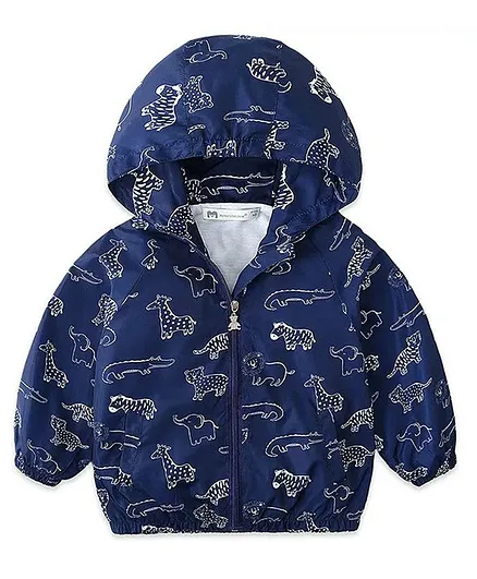 Kookie Kids Full Sleeves Hooded Printed Seat Jacket - Navy Blue