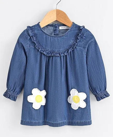 Babyoye Full Sleeves Frock Floral Patch - Blue
