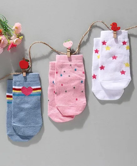 Cute Walk by Babyhug Anti-bacterial Ankle Length Socks Star Design Pack of 3 - White Pink Blue
