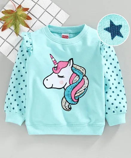 Babyhug Full Sleeves Sweatshirt Unicorn Sequins Design - Blue