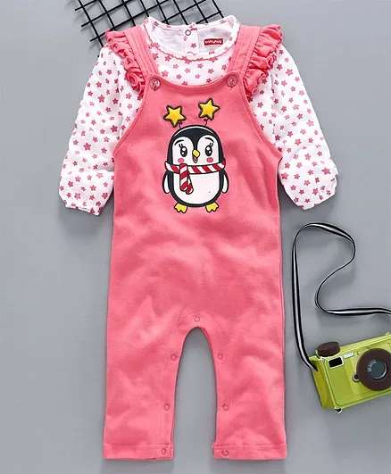 Babyhug Dungaree with Full Sleeves Inner Tee Penguin Print - Pink