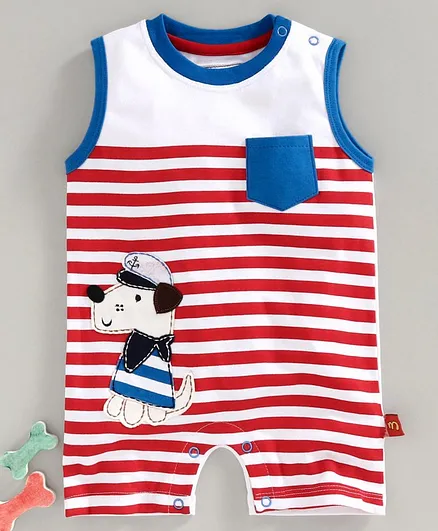 marshmallows Sleeveless Striped Romper Puppy Patch - Red