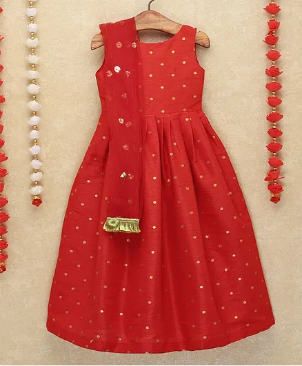 Piccolo Sleeveless Golden Embroidery Detailing Anarkali Dress & Dupatta Set - Red