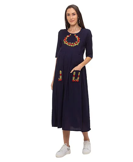 MomToBe Three Fourth Sleeves Flower Embroidery Detailing Maternity Dress - Navy Blue
