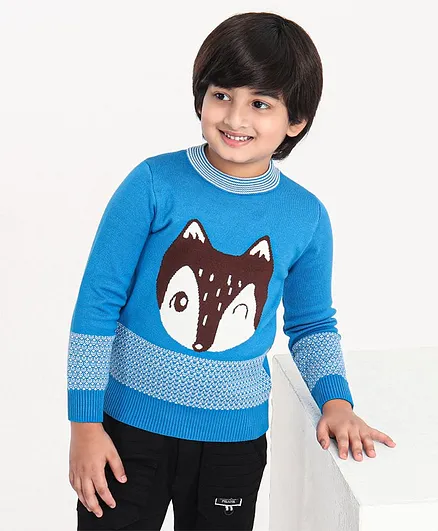Kookie Kids Full Sleeves Pullover Sweater Fox Design - Blue