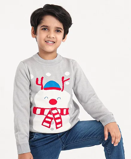 Kookie Kids Full Sleeves Sweater Snow Man Design - Grey