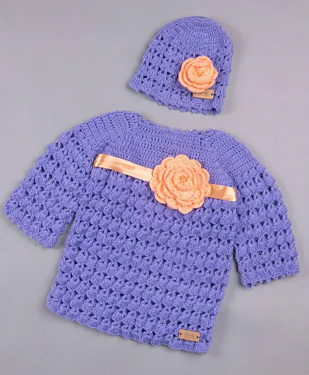 The Original Knit Full Sleeves Flower Work Sweater With Cap - Lavender