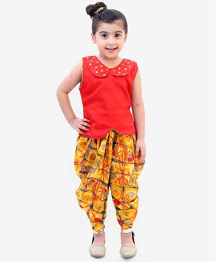 KID1 Sleeveless Mirror Work Collar Fusion Top With Printed Dhoti - Red