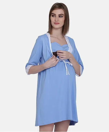 MAMMA PRESTO Three Fourth Sleeves Lace Detailed Feeding Nightwear Dress  - Blue