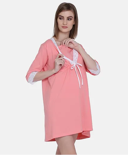 MAMMA PRESTO Three Fourth Sleeves Lace Detailed Feeding Nightwear Dress  - Peach