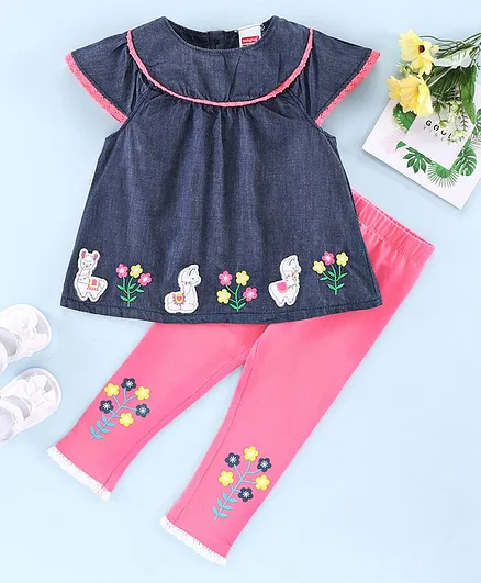 Babyhug Cap Sleeves Top & Leggings Floral Embroidery - Blue Pink