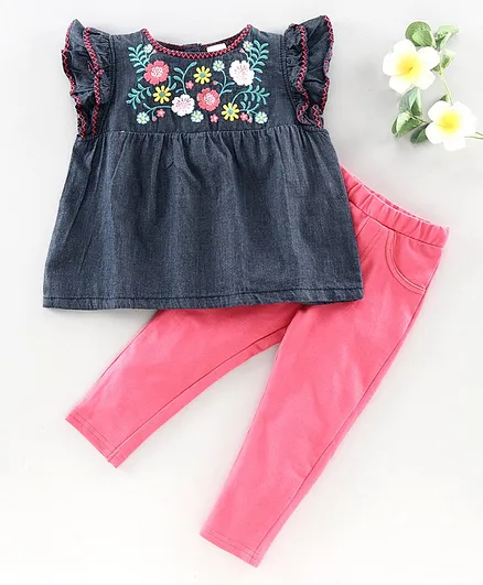 Babyhug Flutter Sleeves Top & Jeggings Floral Embroidery - Blue Pink