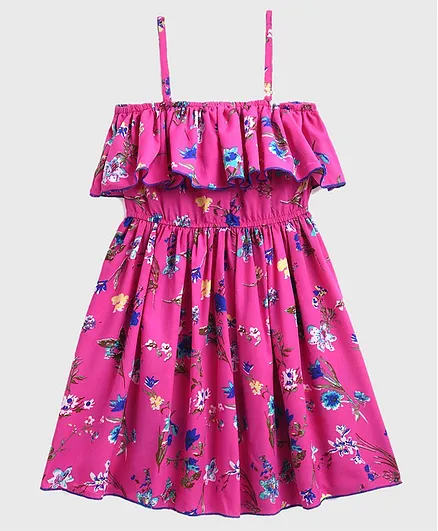 KIDSCRAFT Half Sleeves Floral Print Flared Dress - Pink