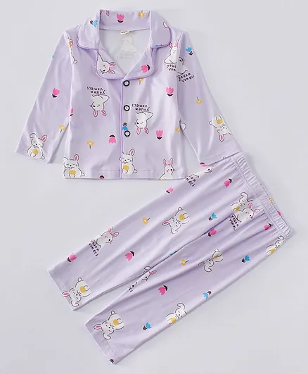 Kookie Kids Full Sleeves Night Suit Bunny Print - Lavender