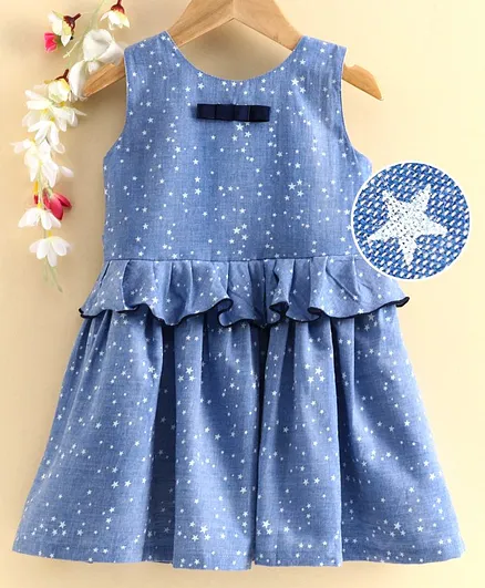 Rassha Sleeveless Stars Printed Fit & Flare  Dress - Blue